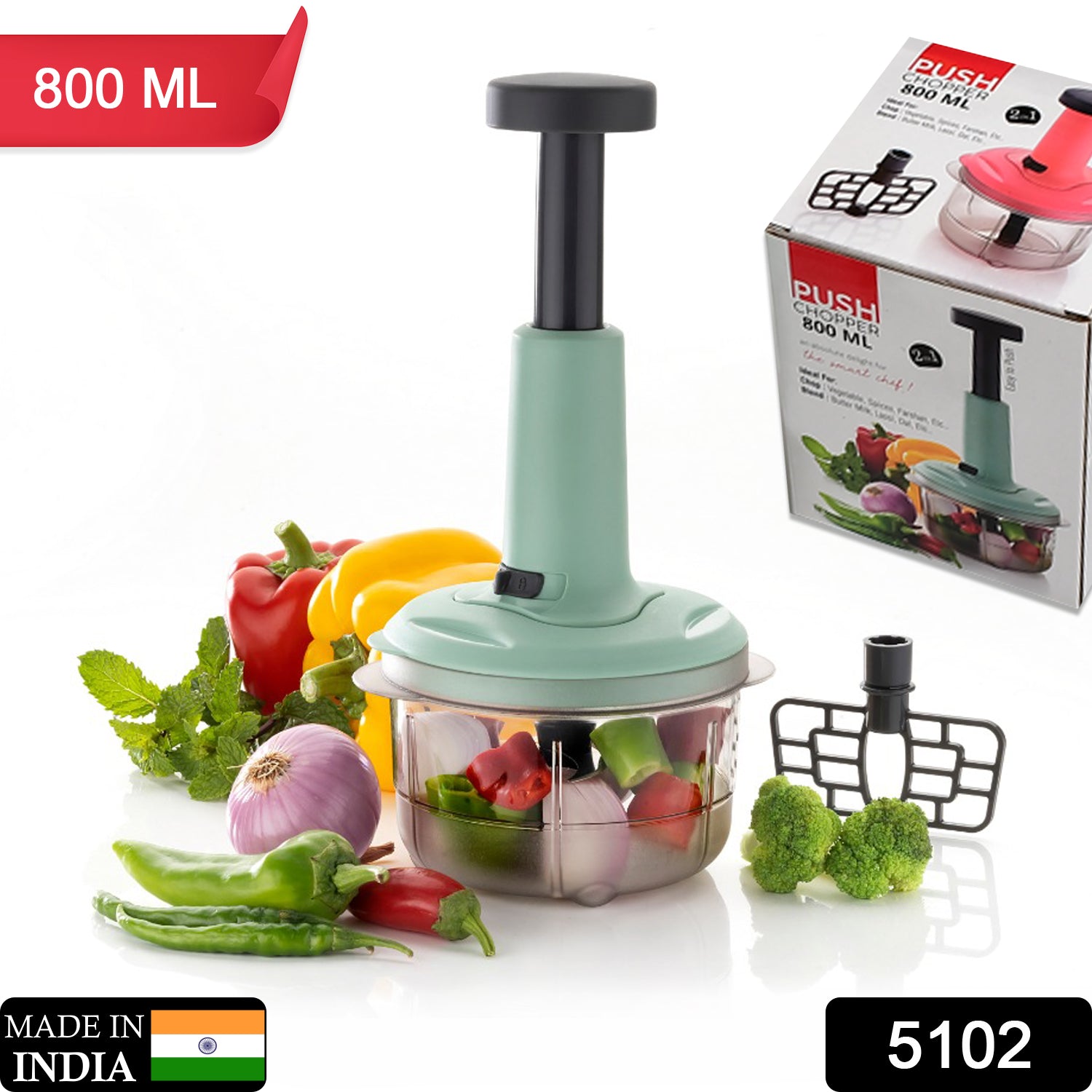 5102 2in1 push chopper 800ml Stainless Steel Blade Quick & Powerful Manual Hand Held Food Chopper to Chop & Cut Fruits, Vegetables, Herbs, Onions for Salsa, Salad 