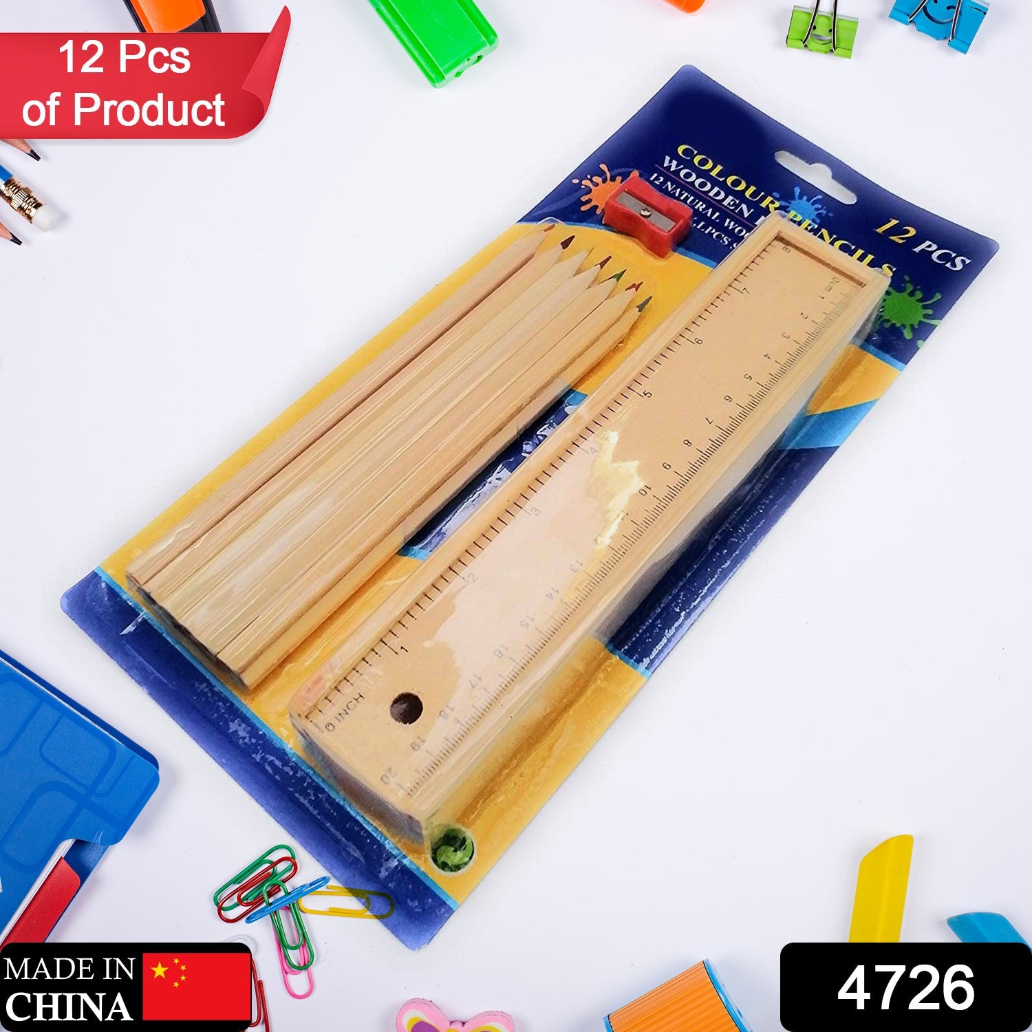 4726 Colorful Wooden Pencil Set with Pencil box, Ruler, Sharpener For for Kids, Artist, Architect (12 Pcs Set)