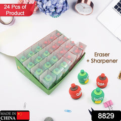 2-in-1 3D Cold Drink Bottle Shape Rubber Pencil Sharpener and Eraser Set, Stationery for Kids School Boys Girls, Birthday Return Gifts (24 Pcs Set & 1 Pc )