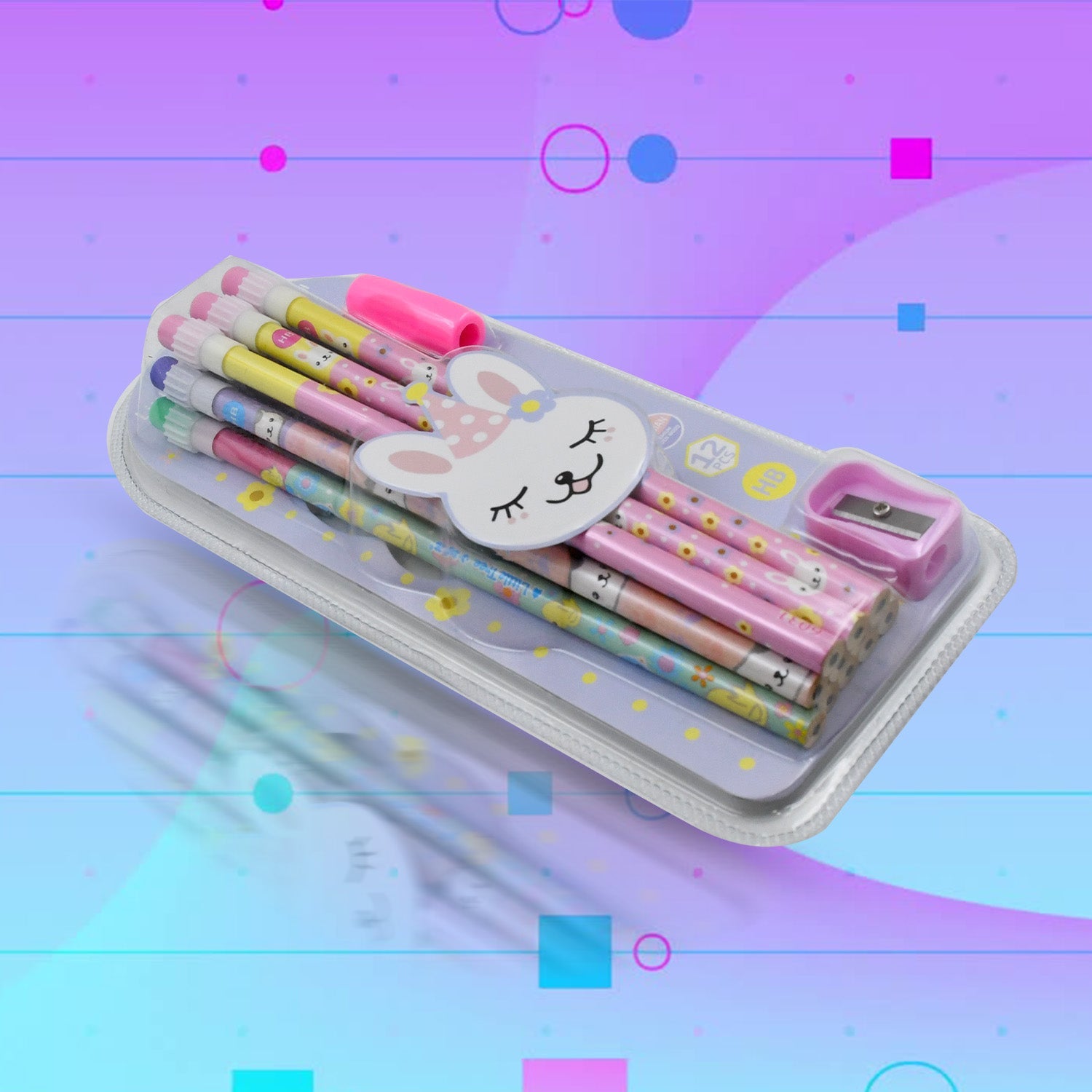 4396 Cute Rabbit Bear Drawing Graphite Writing Pencil Set with Pencil Sharpener & Eraser, Pencil and Eraser Set with Eraser for Kids, for Girls, Fancy School Stationary, Birthday Party Return Gift (14 Pc Set)