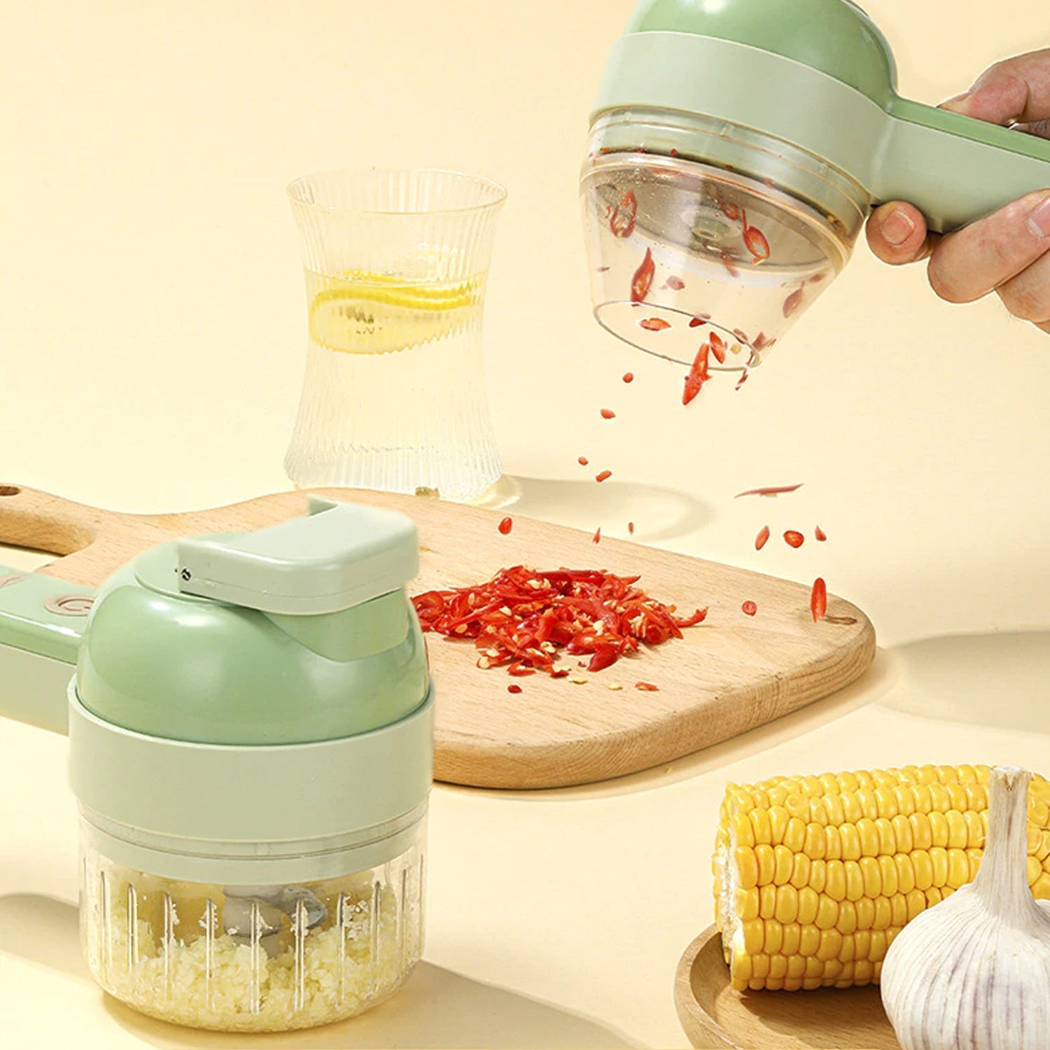 2284   4 in 1 Handheld Electric Vegetable Cutter Set, Multifunction Mini Chopper Food Processor, Wireless Electric Garlic Mud Masher, for Garlic, Chili ,Onion, Ginger 