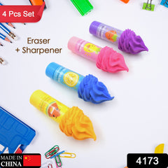 4173 2 in1 Ice-Cream Cone Shaped Eraser Sharpener for Kids, Fancy & Stylish Colorful Erasers, Mini Eraser Creative Cute Novelty Eraser for Children Different Designs Eraser Set for Return Gift, Birthday Party, School Prize (4 Pcs Set)