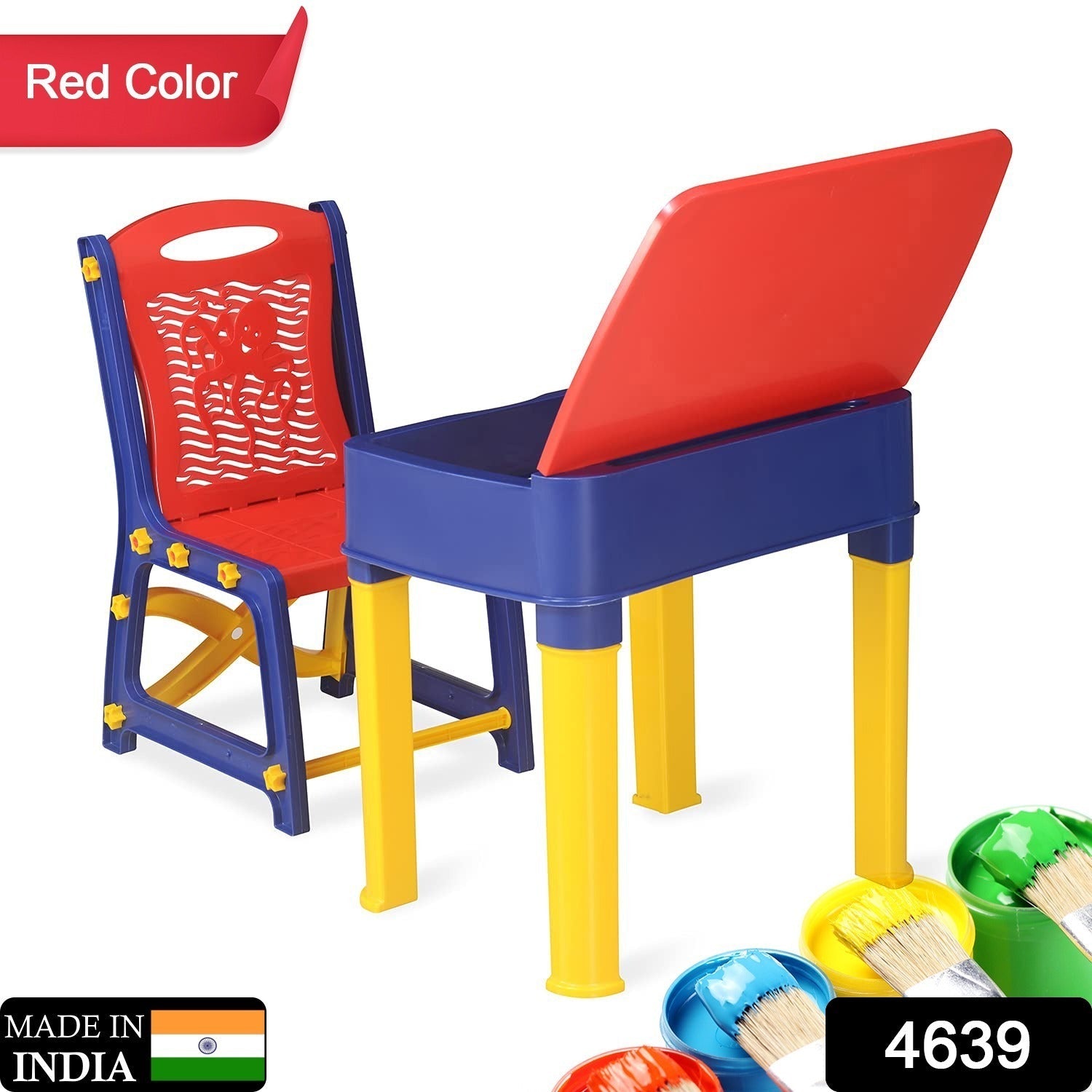 4639 Study Table And Chair Set For Boys And Girls With Small Box Space For Pencils Plastic High Quality Study Table (Red/Blue/Yellow)