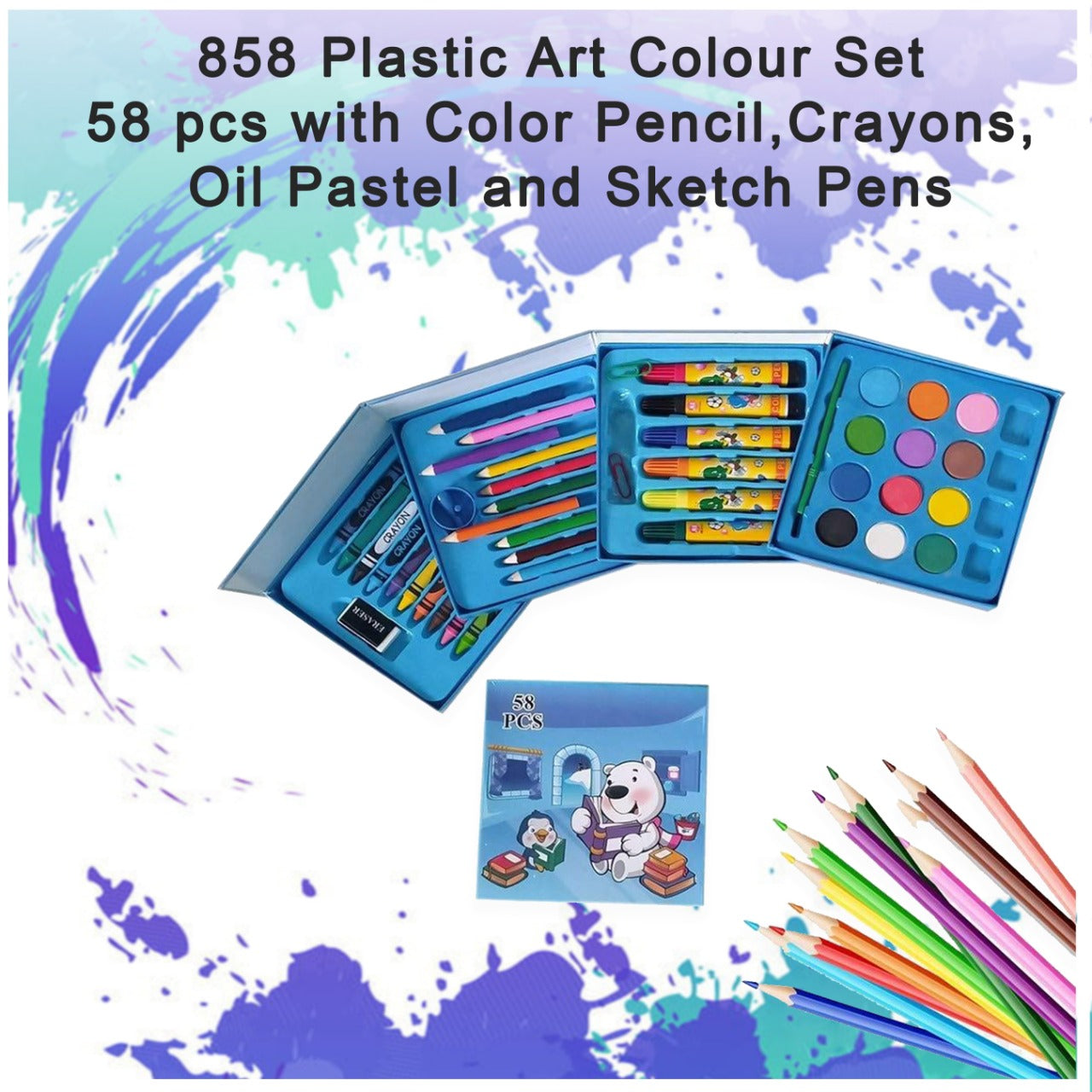 858 Plastic Art Colour Set 58 pcs with Color Pencil, Crayons, Oil Pastel and Sketch Pens 