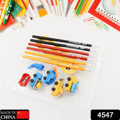 4547 Pencil and Eraser Set, Construction Truck Theme Stationery Kit Includes 6 Pencils, 4 Erasers, 1 Sharpener, 1 Ruler Bookmark, 1 Pencil Cap Stationary For Birthday Gifts for Kids, Birthday Return Gifts (13 Pc set)