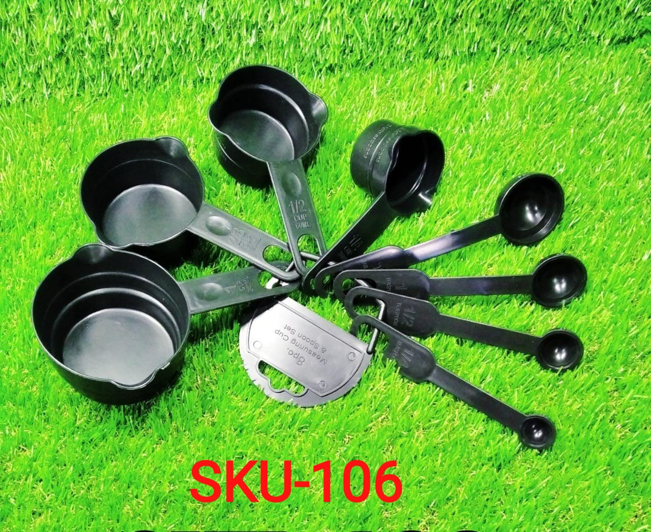 106 Plastic Measuring Cups and Spoons (8 Pcs, Black) Your Brand