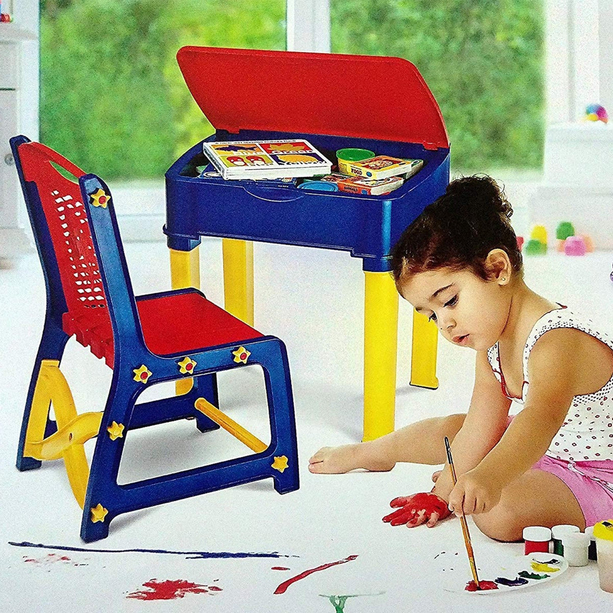 4639 Study Table And Chair Set For Boys And Girls With Small Box Space For Pencils Plastic High Quality Study Table (Red/Blue/Yellow)